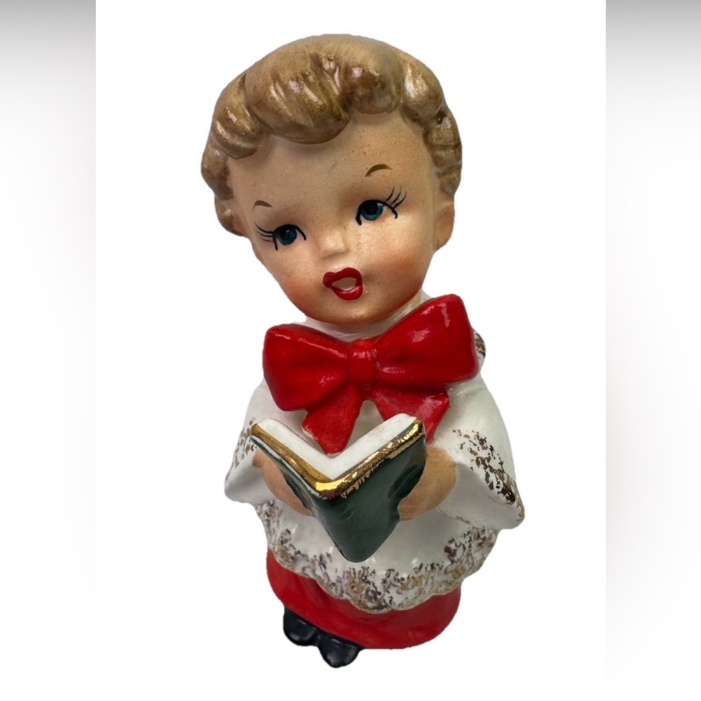 VTG Ucagco 1950s Ceramic Christmas Caroler Boy Figurine Japan Gold Flecked Choir
